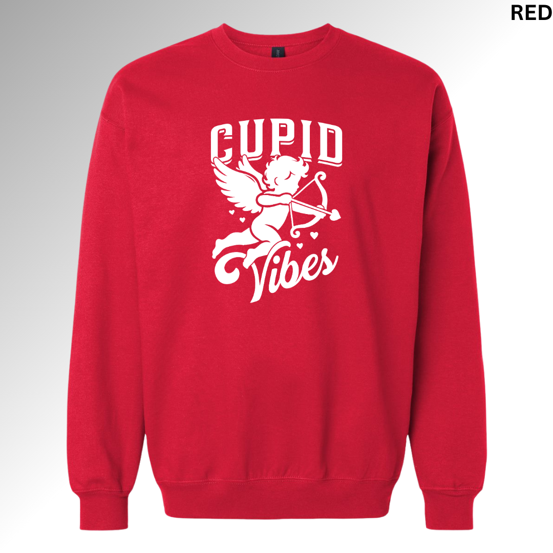 
Red Valentine sweatshirt with cupid illustration and “Cupid Vibes” text