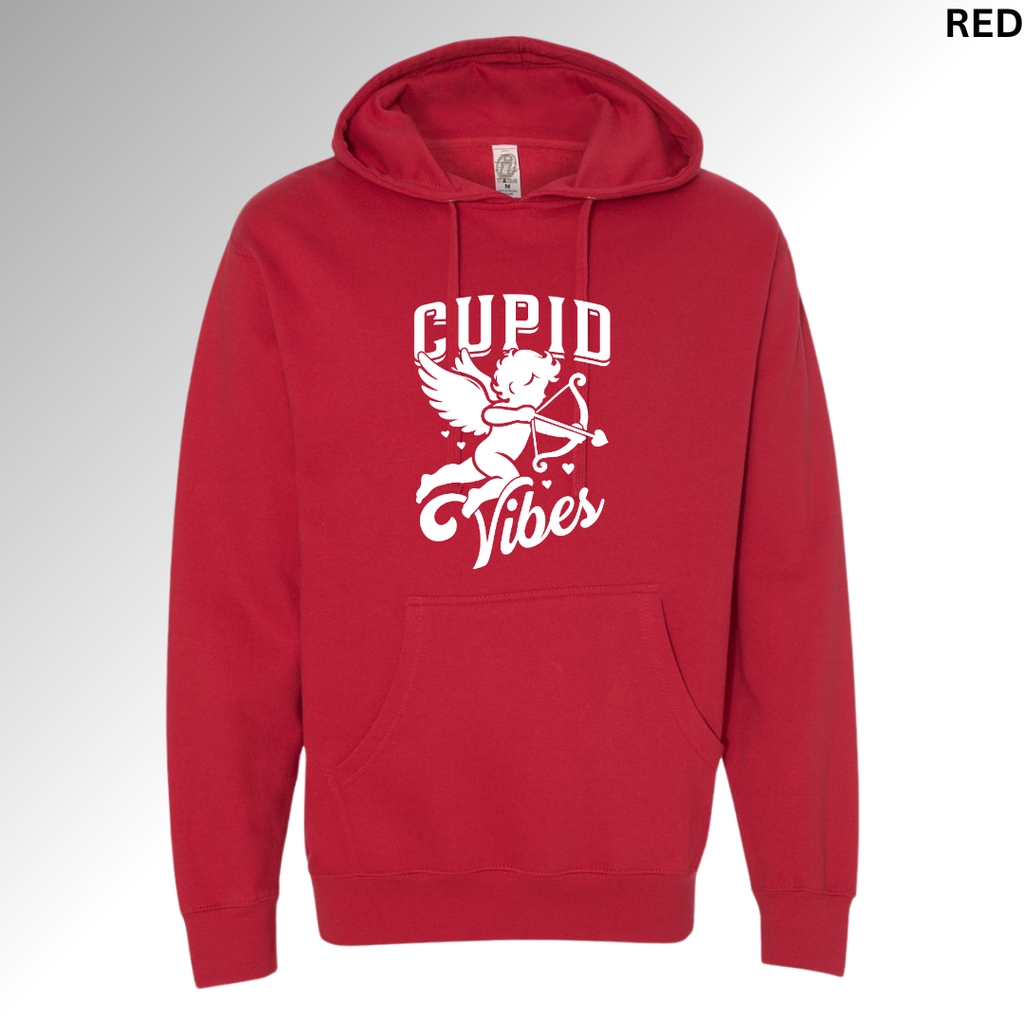 
Red Valentine hoodie with cupid illustration and “Cupid Vibes” text
