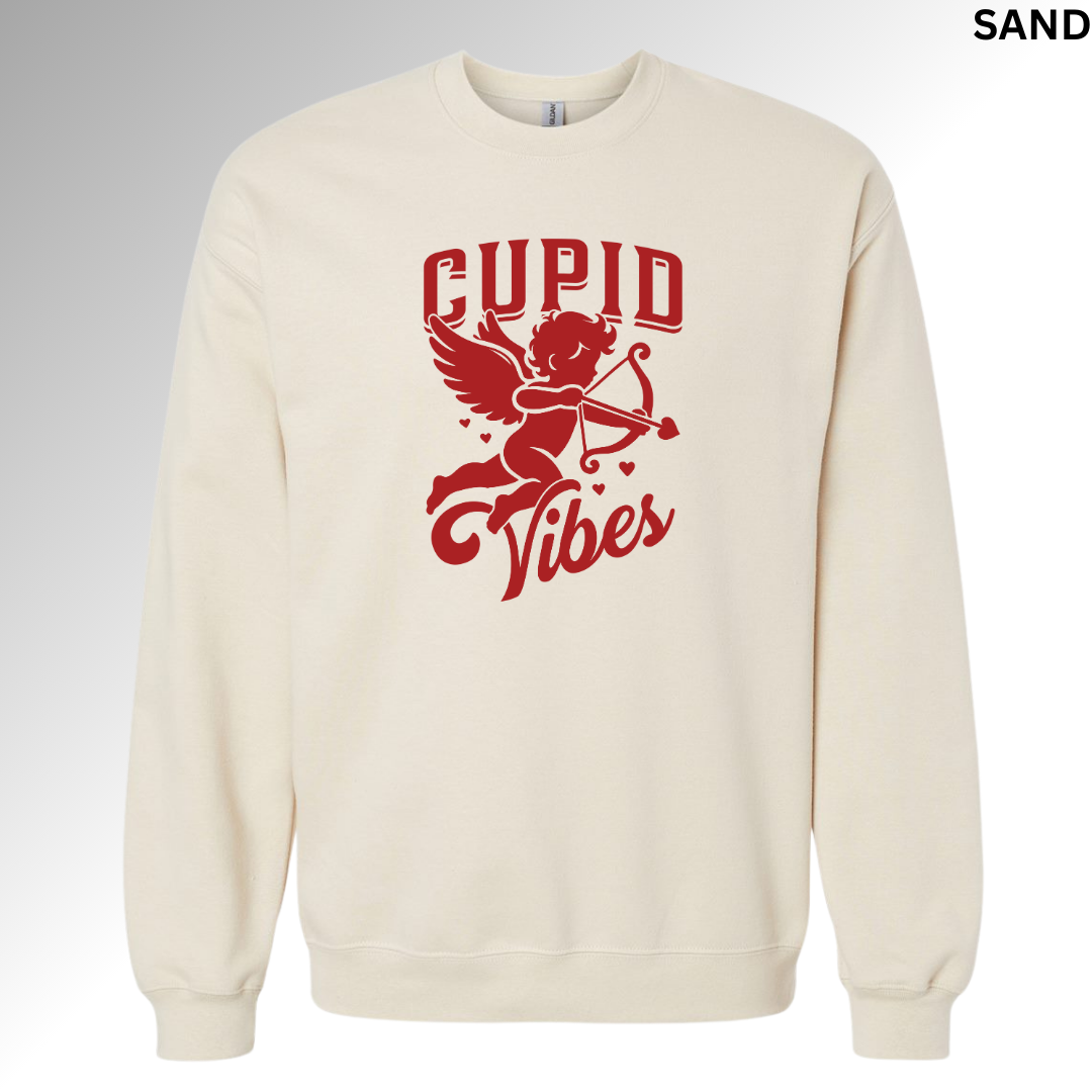 
Sand Valentine sweatshirt with cupid illustration and “Cupid Vibes” text