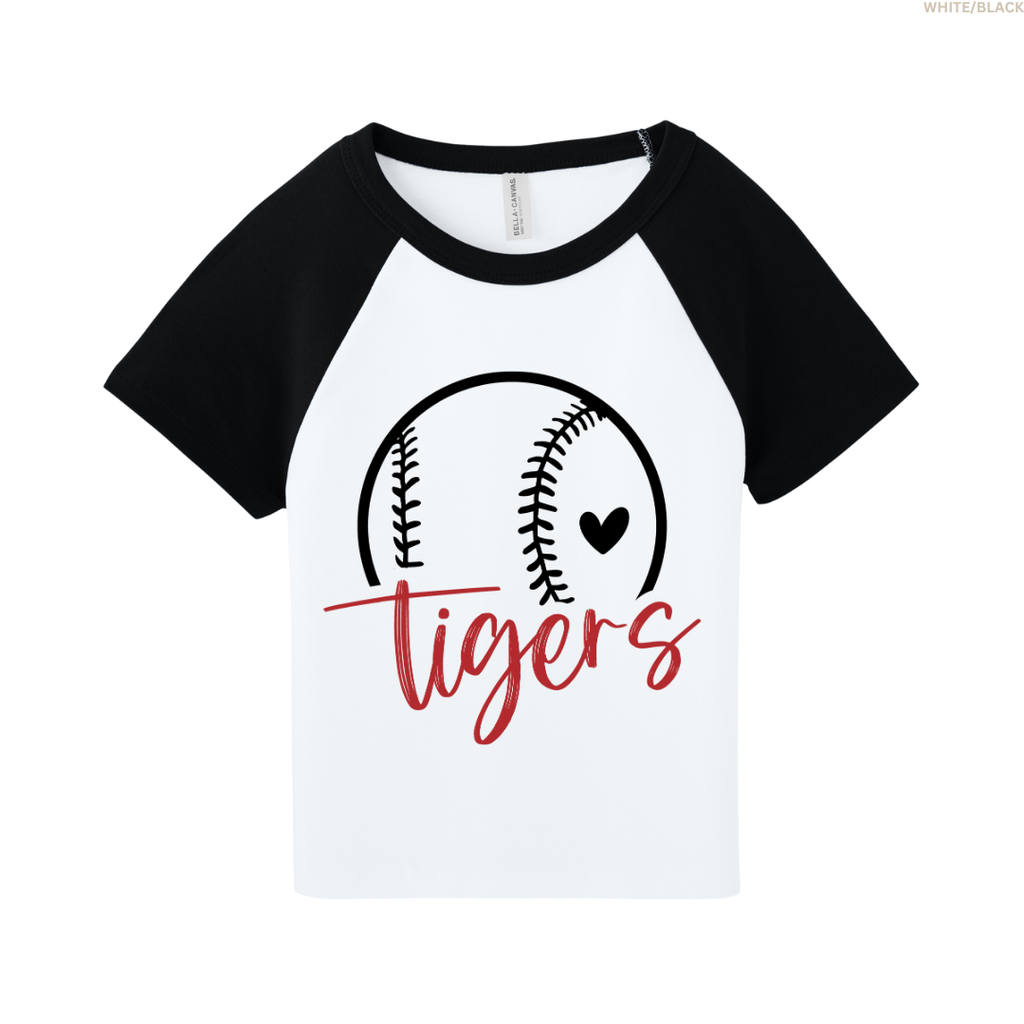 Tigers Baseball Heart Raglan Cropped Baby Tee