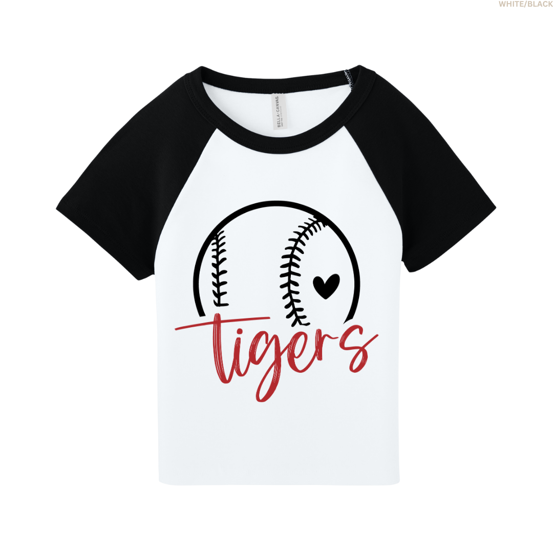 Tigers Baseball Heart Raglan Cropped Baby Tee